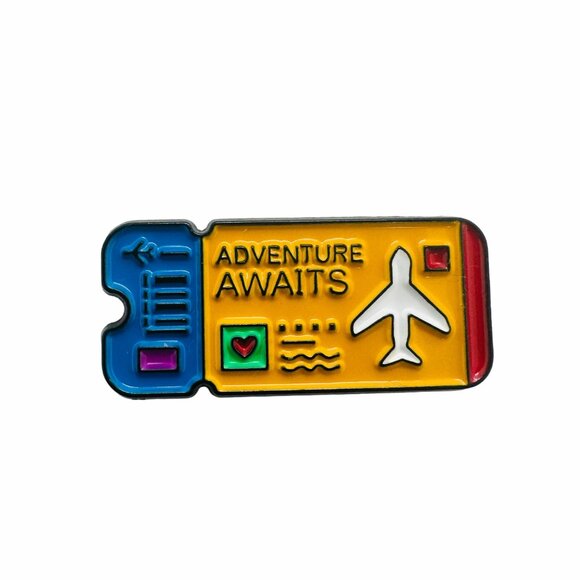 ⭐Enamel Pin Adventure Awaits Ticket Airplane Brooch Icon Cartoon Yellow New - Picture 4 of 5